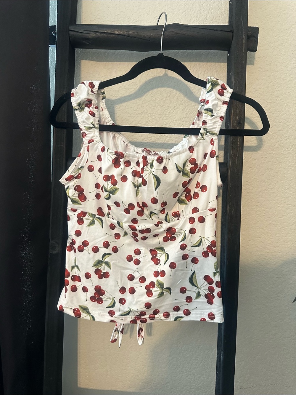 SHEIN White Cherry-Print Ruffle Strap Camisole